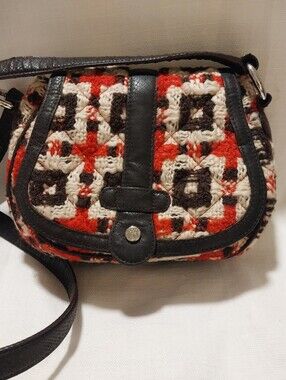 Vera Bradley Red Brown Cream Tweed Plaid Mini Saddle Crossbody Bag